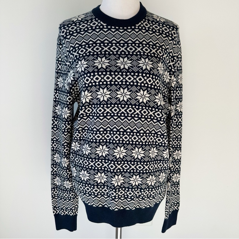 H&M Navy Blue Cotton Nordic Fair Isle Pullover Crew Neck Sweater, size Medium